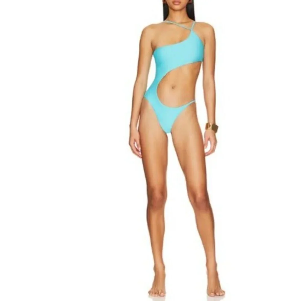 NWT superdown Valerie Asymmetric Cutout Unpadded One Piece Swimsuit Aqua Blue L - Picture 2 of 12